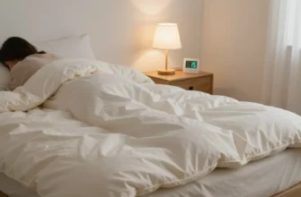 A warm, inviting bedroom scene featuring a plush heated weighted blanket draped over a comfortable bed, with a soft glow from a bedside lamp, a digital thermostat displaying a comfortable temperature, and a relaxed person curled up under the blanket, emphasizing comfort and coziness without any visible text or logos.