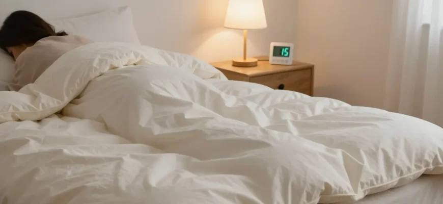 A warm, inviting bedroom scene featuring a plush heated weighted blanket draped over a comfortable bed, with a soft glow from a bedside lamp, a digital thermostat displaying a comfortable temperature, and a relaxed person curled up under the blanket, emphasizing comfort and coziness without any visible text or logos.