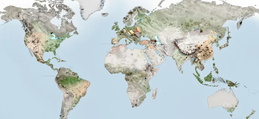 A detailed world map illustrating global cold plunge locations, featuring the canals of Venice and other notable sites, with icons representing cold plunge spots, water splashes, and subtle color coding to indicate temperature ranges, all without any text or labels.