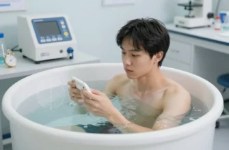 A person standing in a cold plunge tub surrounded by scientific equipment, a thermometer, a stopwatch, and a subtle brain diagram overlay, all in a clean, modern laboratory setting