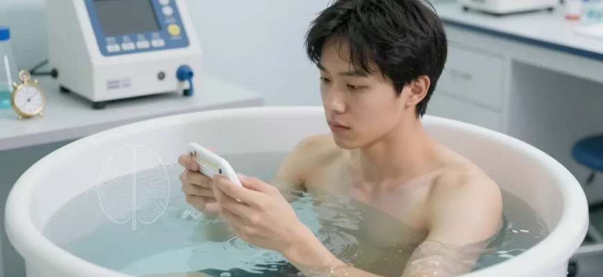 A person standing in a cold plunge tub surrounded by scientific equipment, a thermometer, a stopwatch, and a subtle brain diagram overlay, all in a clean, modern laboratory setting