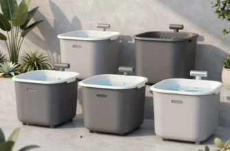 A modern, minimalist setup showcasing a variety of portable cold plunge tubs in different sizes and designs, arranged in a clean, organized manner. The tubs should be placed in a serene outdoor setting, such as a garden or a balcony, with natural elements like plants and water features in the background. The image should convey a sense of relaxation and wellness, highlighting the convenience and accessibility of mobile cold plunge options.