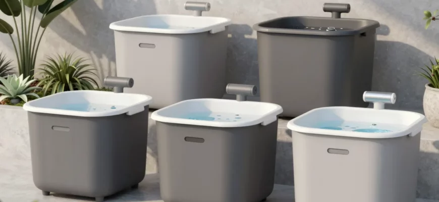 A modern, minimalist setup showcasing a variety of portable cold plunge tubs in different sizes and designs, arranged in a clean, organized manner. The tubs should be placed in a serene outdoor setting, such as a garden or a balcony, with natural elements like plants and water features in the background. The image should convey a sense of relaxation and wellness, highlighting the convenience and accessibility of mobile cold plunge options.