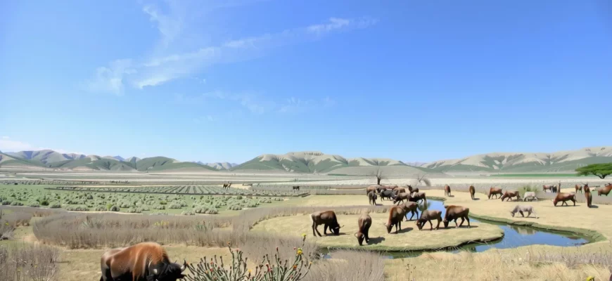 A vast, open ranch landscape with native grasses and wildflowers, showcasing a variety of wildlife such as bison, elk, and prairie dogs. A small herd of bison grazing peacefully in the foreground, with a backdrop of rolling hills and a clear blue sky. A few scattered trees and a small creek running through the scene, emphasizing the natural beauty and biodiversity of the restored ecosystem.