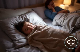 A child peacefully sleeping in a cozy bedroom, wrapped in a soft weighted blanket, with a gentle night light, a parent or caregiver watching over, and a subtle medical icon or safety symbol in the corner to indicate safety guidelines