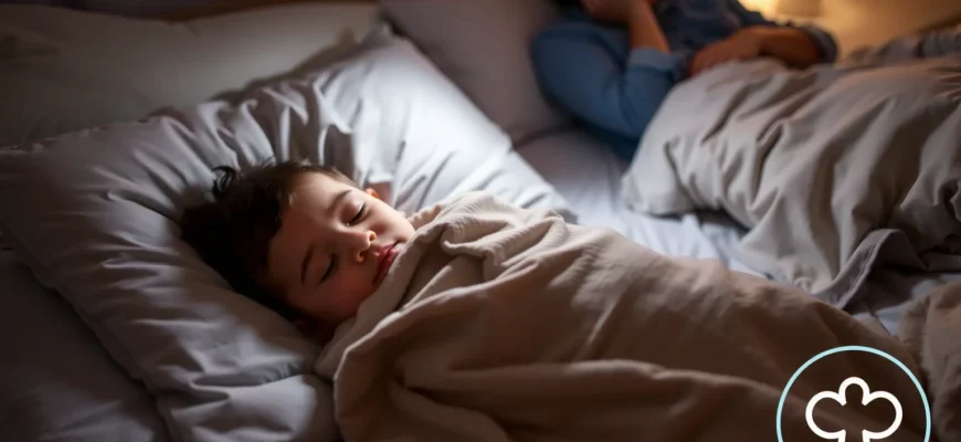 A child peacefully sleeping in a cozy bedroom, wrapped in a soft weighted blanket, with a gentle night light, a parent or caregiver watching over, and a subtle medical icon or safety symbol in the corner to indicate safety guidelines