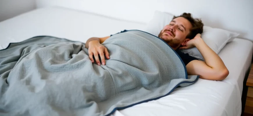 A relaxed adult lying on a bed, wearing a soft weighted blanket that covers the knees and hips, with a gentle, soothing environment and subtle lighting to emphasize comfort and joint relief