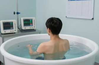 A person standing in a clear, icy cold plunge tub, surrounded by a subtle laboratory setting with scientific instruments such as a thermometer, a heart rate monitor, and a small recovery chart, emphasizing the science and recovery aspects of cold plunging.