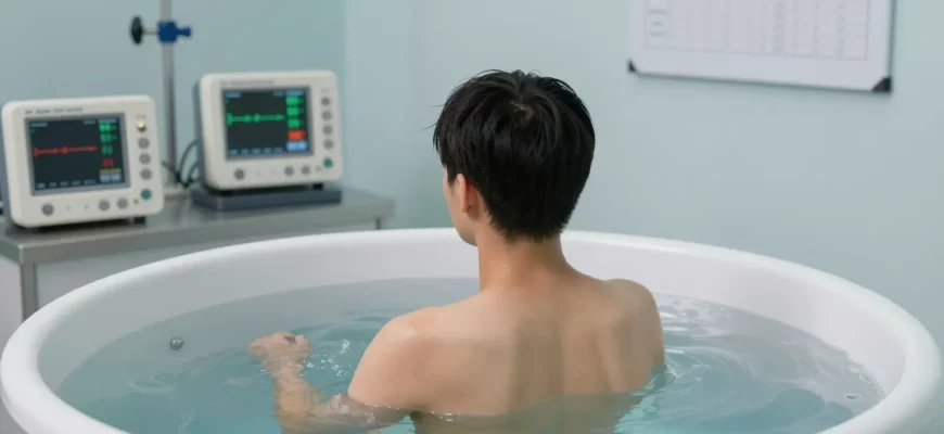 A person standing in a clear, icy cold plunge tub, surrounded by a subtle laboratory setting with scientific instruments such as a thermometer, a heart rate monitor, and a small recovery chart, emphasizing the science and recovery aspects of cold plunging.
