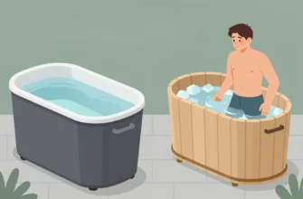 A split-screen illustration showing a modern, ready-made cold plunge tub on the left side, and a DIY wooden tub with ice and a person stepping into it on the right side, both set in a serene outdoor setting with subtle lighting, no text or logos, focusing on the contrast between buying and building.