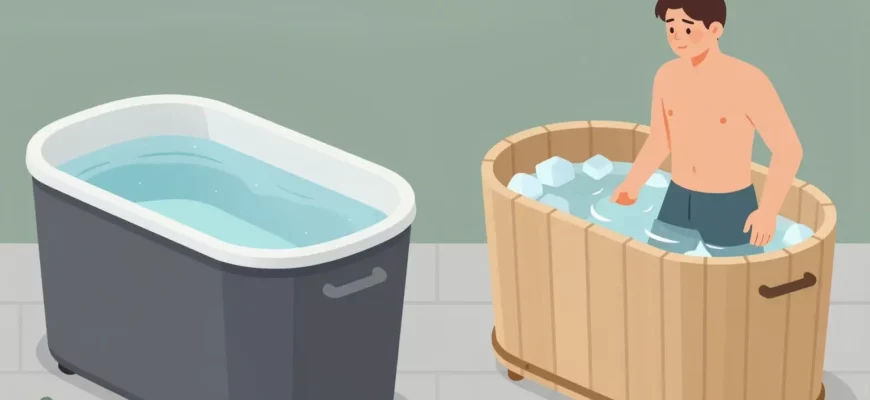 A split-screen illustration showing a modern, ready-made cold plunge tub on the left side, and a DIY wooden tub with ice and a person stepping into it on the right side, both set in a serene outdoor setting with subtle lighting, no text or logos, focusing on the contrast between buying and building.