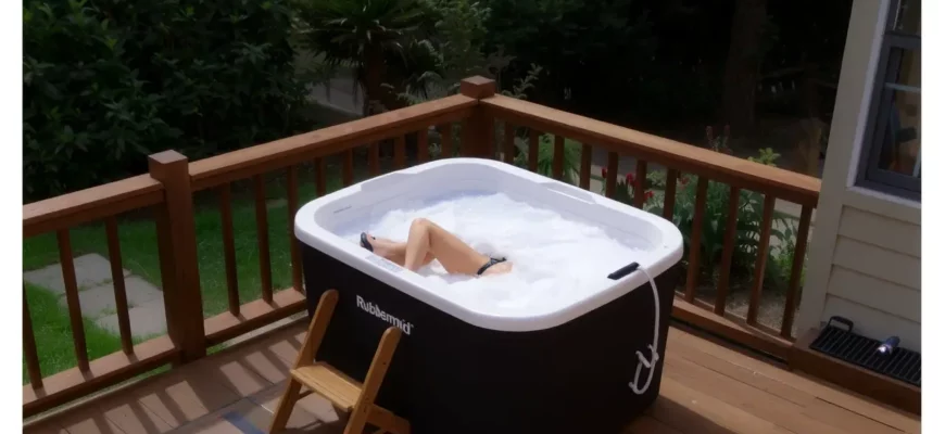 A Rubbermaid cold plunge tub filled with icy water, set on a wooden deck in a backyard, surrounded by lush greenery and a small wooden ladder, with a person in swimwear stepping into the tub, all rendered in a realistic style