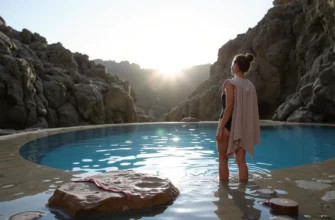 A person standing at the edge of a cold plunge pool, with clear cold water and a rocky cliff backdrop, sunrise lighting, wearing a swimsuit and a towel draped over a nearby rock, conveying a calm and refreshing atmosphere