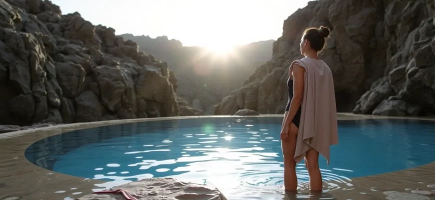 A person standing at the edge of a cold plunge pool, with clear cold water and a rocky cliff backdrop, sunrise lighting, wearing a swimsuit and a towel draped over a nearby rock, conveying a calm and refreshing atmosphere