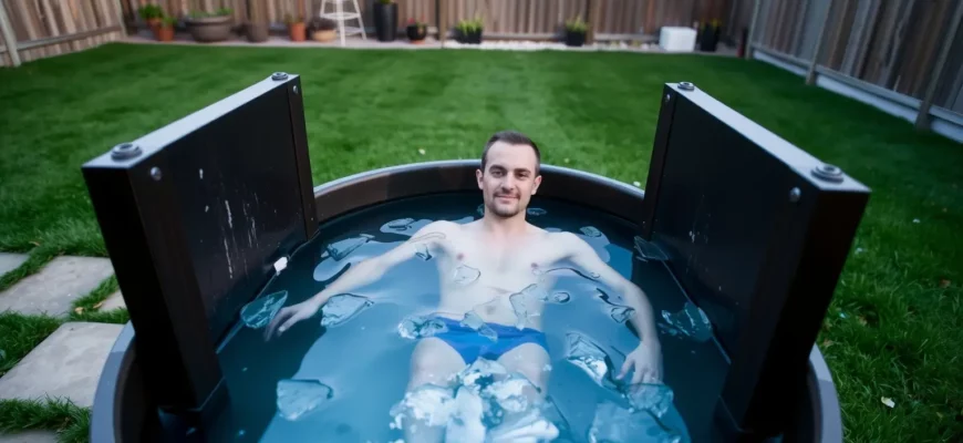 A person standing in a backyard cold plunge tub filled with clear, icy water, surrounded by lush green grass and a wooden fence. The scene is set at dusk with soft, natural lighting that highlights the water's surface and the person's relaxed posture. The background includes a small garden with potted plants and a subtle hint of a modern home in the distance. The overall composition conveys a calm, refreshing, and scientific approach to cold plunging.