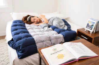 A serene bedroom scene showing a person peacefully sleeping on a weighted blanket, with a safety guidebook open on a nearby table, illustrating safe use of weighted blankets