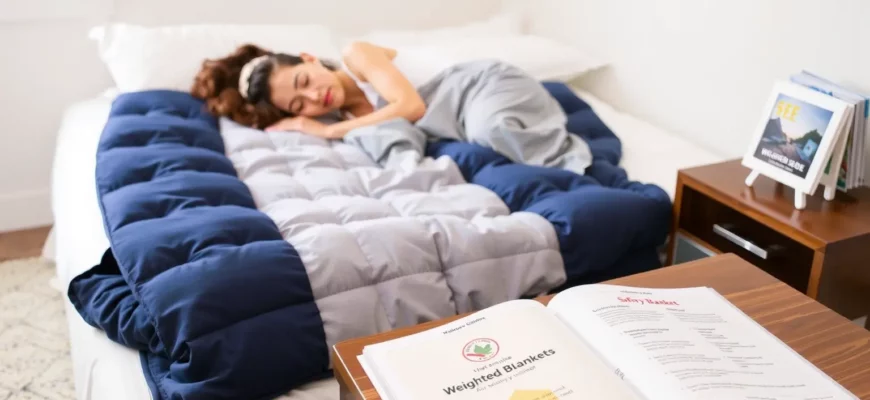 A serene bedroom scene showing a person peacefully sleeping on a weighted blanket, with a safety guidebook open on a nearby table, illustrating safe use of weighted blankets