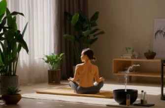 A serene meditation space featuring a person in a relaxed pose on a cushion, surrounded by lush indoor plants, soft diffused lighting, a small indoor water fountain, and subtle zen décor elements, creating a tranquil atmosphere