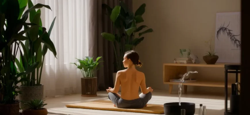 A serene meditation space featuring a person in a relaxed pose on a cushion, surrounded by lush indoor plants, soft diffused lighting, a small indoor water fountain, and subtle zen décor elements, creating a tranquil atmosphere