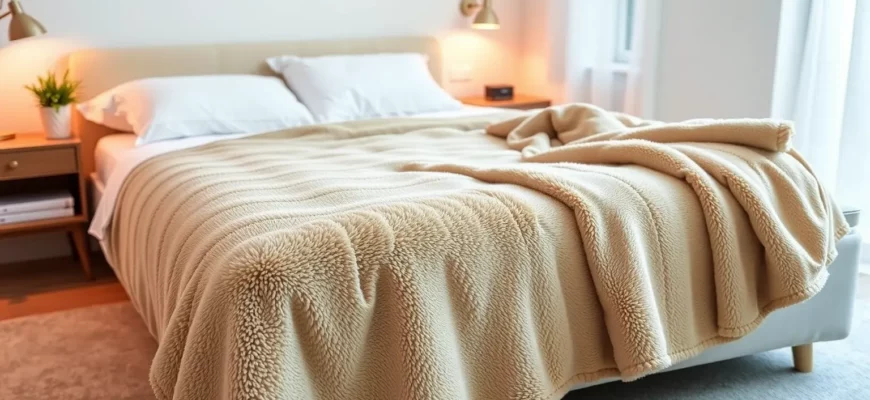 A cozy bedroom scene featuring a plush weighted blanket draped over a comfortable bed, with soft ambient lighting and subtle decorative elements like a small plant and a nightstand, all rendered in a realistic, high-resolution style.