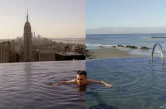 A person standing in a cold plunge pool, with the NYC skyline on one side and a coastal shoreline on the other, capturing the contrast between urban and natural settings, clear water and crisp lighting