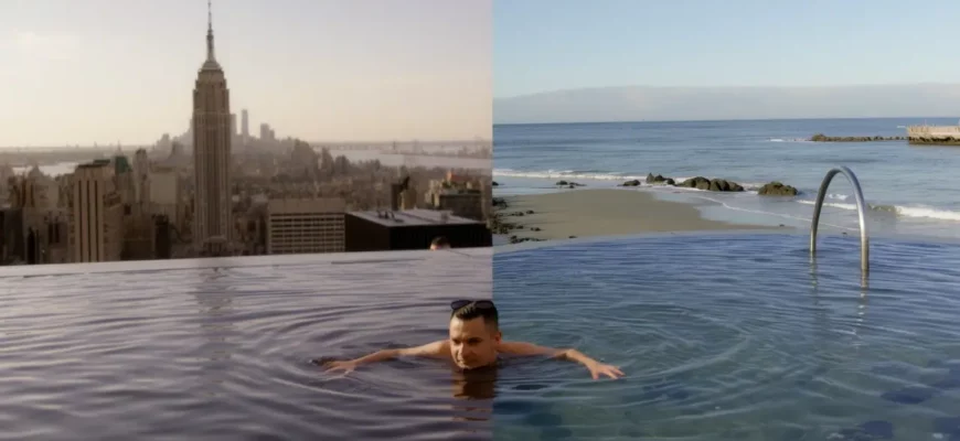 A person standing in a cold plunge pool, with the NYC skyline on one side and a coastal shoreline on the other, capturing the contrast between urban and natural settings, clear water and crisp lighting