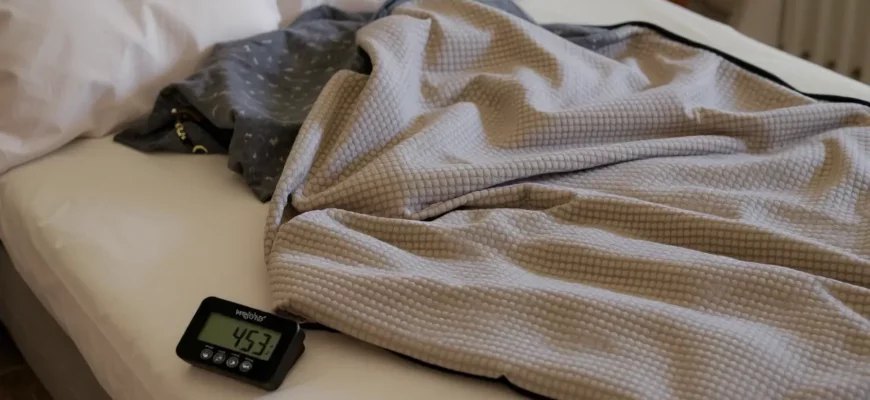 A photorealistic image of a weighted blanket draped over a neatly made bed, with a small digital scale beside it indicating the blanket's weight, showcasing the blanket's texture and even distribution of beads, in a calm, neutral bedroom setting.