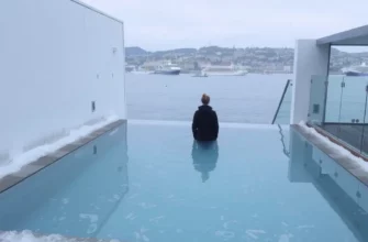 A person standing in a clear, icy plunge pool surrounded by minimalist Scandinavian architecture, with a view of the Copenhagen harbor in the background, reflecting the cold water and crisp atmosphere.