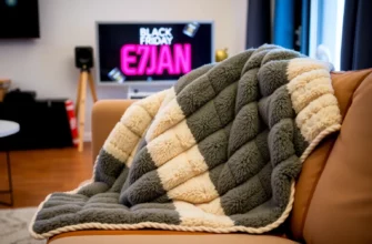 A cozy living room scene featuring a plush weighted blanket draped over a sofa, with a subtle Black Friday sale sign in the background, showcasing a sense of comfort and savings