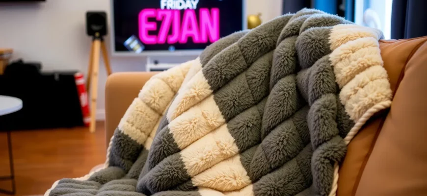 A cozy living room scene featuring a plush weighted blanket draped over a sofa, with a subtle Black Friday sale sign in the background, showcasing a sense of comfort and savings