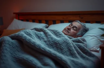 A serene bedroom scene featuring an elderly person peacefully resting under a soft, textured weighted blanket, with warm ambient lighting and a cozy atmosphere