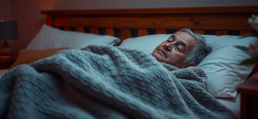 A serene bedroom scene featuring an elderly person peacefully resting under a soft, textured weighted blanket, with warm ambient lighting and a cozy atmosphere