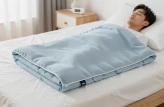 A serene bedroom scene featuring a neatly folded YNM Cooling Bamboo Weighted Blanket draped over a plush white mattress. The blanket shows a soft, breathable bamboo fabric texture with subtle cooling blue tones. A relaxed adult lies partially under the blanket, eyes closed, exuding comfort and calm. Soft natural light streams through a nearby window, highlighting the blanket's gentle folds. A small digital thermometer on the nightstand displays a cool temperature, emphasizing the blanket's cooli