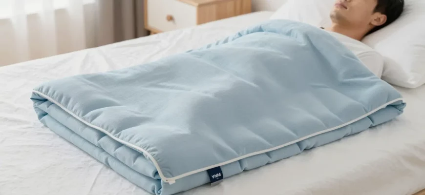 A serene bedroom scene featuring a neatly folded YNM Cooling Bamboo Weighted Blanket draped over a plush white mattress. The blanket shows a soft, breathable bamboo fabric texture with subtle cooling blue tones. A relaxed adult lies partially under the blanket, eyes closed, exuding comfort and calm. Soft natural light streams through a nearby window, highlighting the blanket's gentle folds. A small digital thermometer on the nightstand displays a cool temperature, emphasizing the blanket's cooli
