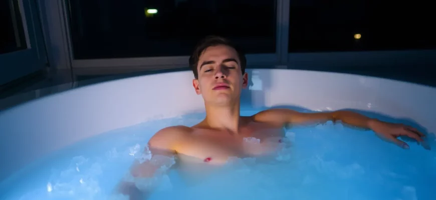 A serene nighttime scene of a person standing in a clear, cold plunge tub surrounded by soft, cool lighting. The tub is filled with sparkling, icy water, and the person is relaxed, with a calm expression, suggesting preparation for sleep. The background is minimal, featuring subtle hints of a dark, starry sky and a faint glow from a nearby window, creating a tranquil, restful atmosphere.