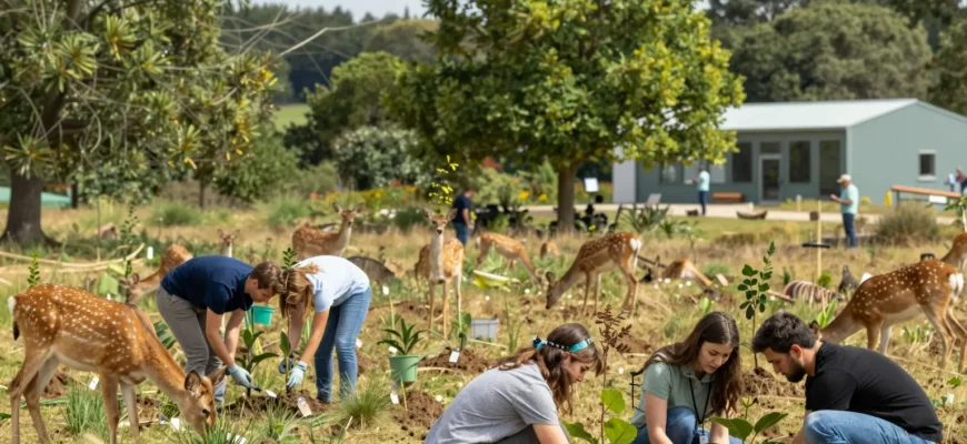 A vibrant, thriving rewilded landscape showing a mix of native trees, grasses, and wildlife such as deer, birds, and insects flourishing together. In the foreground, a small group of volunteers are planting saplings, while a subtle hint of a modern, eco‑friendly research station blends into the natural surroundings, emphasizing the collaborative effort of a rewilding company restoring ecosystems. The scene is bright, hopeful, and full of biodiversity, with no visible text or logos.