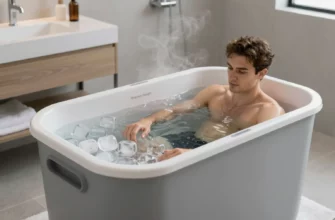 A modern portable ice bath from Sharper Image, sleek rectangular tub filled with clear icy water, placed in a stylish home bathroom or spa setting, with subtle steam and a relaxed person partially submerged, emphasizing the product's design and cold plunge experience