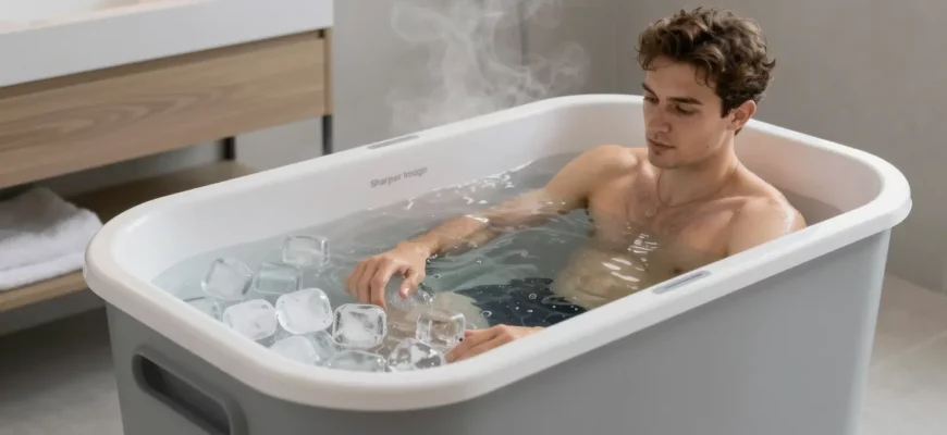 A modern portable ice bath from Sharper Image, sleek rectangular tub filled with clear icy water, placed in a stylish home bathroom or spa setting, with subtle steam and a relaxed person partially submerged, emphasizing the product's design and cold plunge experience