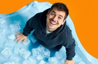 A person standing in a shallow icy pool, wearing a humorous expression, surrounded by floating ice cubes, with a bright, vibrant background that conveys a playful yet chilly atmosphere.