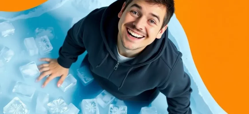 A person standing in a shallow icy pool, wearing a humorous expression, surrounded by floating ice cubes, with a bright, vibrant background that conveys a playful yet chilly atmosphere.