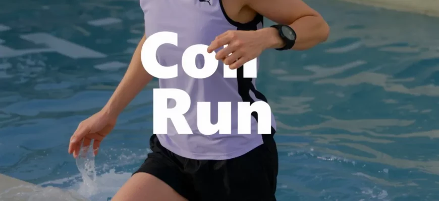 A runner stepping into a cold plunge pool after a run, wearing athletic gear, with a visible stopwatch on the wrist, water splashing around, a calm and cool environment, no text or digits