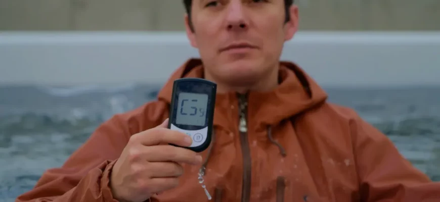 A person standing in a cold plunge tub, wearing a light jacket, holding a digital blood glucose meter, with water droplets and subtle reflections on the water surface, set in a calm, cool environment