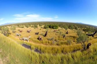 A panoramic, photorealistic view of a restored Argentine grassland or forest area, featuring native wildlife such as jaguars, pumas, condors, and diverse plant life, with a subtle blueprint-like overlay of ecological restoration lines and symbols, but no text or lettering, set in a wide, natural landscape