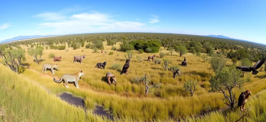 A panoramic, photorealistic view of a restored Argentine grassland or forest area, featuring native wildlife such as jaguars, pumas, condors, and diverse plant life, with a subtle blueprint-like overlay of ecological restoration lines and symbols, but no text or lettering, set in a wide, natural landscape