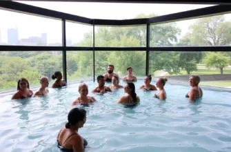 A realistic scene of a cold plunge pool in Cincinnati, featuring a modern spa setting with a glass-walled pool filled with clear, cold water. A diverse group of people in swimwear are standing or partially submerged, showing the refreshing chill. The background includes a subtle view of the Cincinnati skyline or a lush park setting, with trees and a calm atmosphere. The lighting is natural, highlighting the water's clarity and the people's relaxed expressions.