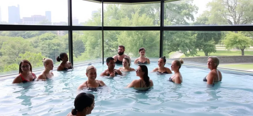A realistic scene of a cold plunge pool in Cincinnati, featuring a modern spa setting with a glass-walled pool filled with clear, cold water. A diverse group of people in swimwear are standing or partially submerged, showing the refreshing chill. The background includes a subtle view of the Cincinnati skyline or a lush park setting, with trees and a calm atmosphere. The lighting is natural, highlighting the water's clarity and the people's relaxed expressions.