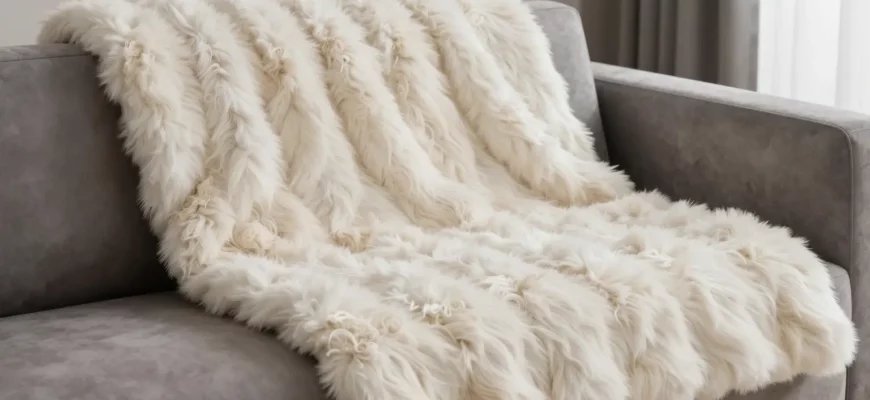 A luxurious faux fur weighted blanket draped over a modern sofa, with soft ambient lighting, showcasing its plush texture and subtle weight distribution, in a stylish living room setting