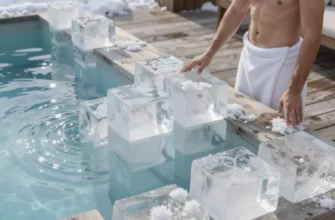 A high-resolution horizontal scene of a modern outdoor cold plunge pool surrounded by large clear ice blocks, with crisp winter light reflecting off the water, a wooden deck, and a relaxed adult in a towel standing beside the pool, ready to step in. The ice blocks are stacked neatly, some partially submerged, showing bubbles and frosty surfaces. The atmosphere is fresh, clean, and inviting.