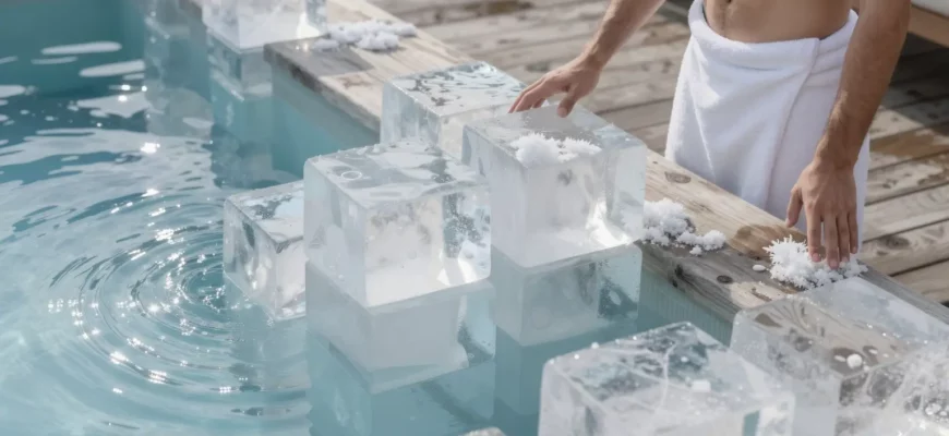 A high-resolution horizontal scene of a modern outdoor cold plunge pool surrounded by large clear ice blocks, with crisp winter light reflecting off the water, a wooden deck, and a relaxed adult in a towel standing beside the pool, ready to step in. The ice blocks are stacked neatly, some partially submerged, showing bubbles and frosty surfaces. The atmosphere is fresh, clean, and inviting.