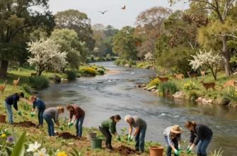 A vibrant, restored central continental landscape showing a wide, meandering river flowing through a thriving forest with diverse trees, blooming flowers, and wildlife such as deer, birds, and butterflies. In the foreground, a group of people of various ages are planting saplings and cleaning the riverbank, symbolizing community effort. The sky is clear with soft sunlight illuminating the scene, emphasizing the rejuvenated natural environment.